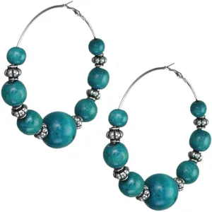Blue Oversized Wooden Beaded Spacer Hoop Earrings