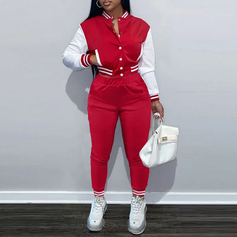 Colorblock Long Sleeve Button Detailed Baseball Coat & Pants Set