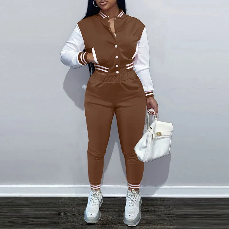 Colorblock Long Sleeve Button Detailed Baseball Coat & Pants Set