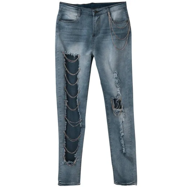 Fashion Ripped Chain Stitching Big Hole Denim Jeans Women Streetwear