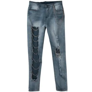 Fashion Ripped Chain Stitching Big Hole Denim Jeans Women Streetwear