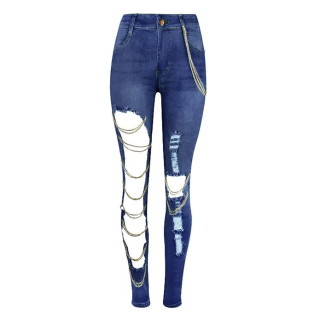 Fashion Ripped Chain Stitching Big Hole Denim Jeans Women Streetwear
