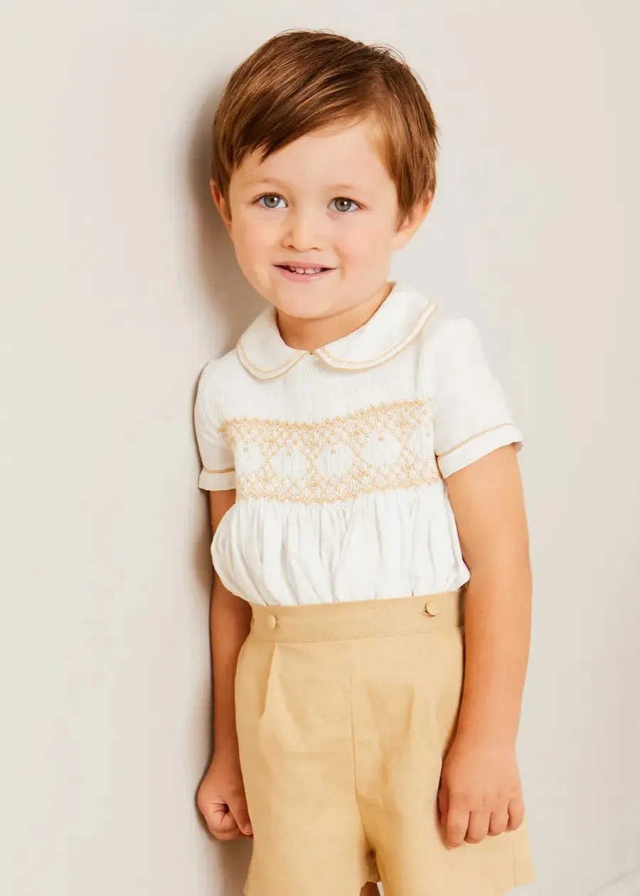 Hand Smocked Peter Pan Collar Short Sleeve Two Piece Set in Beige (18mths-6yrs)