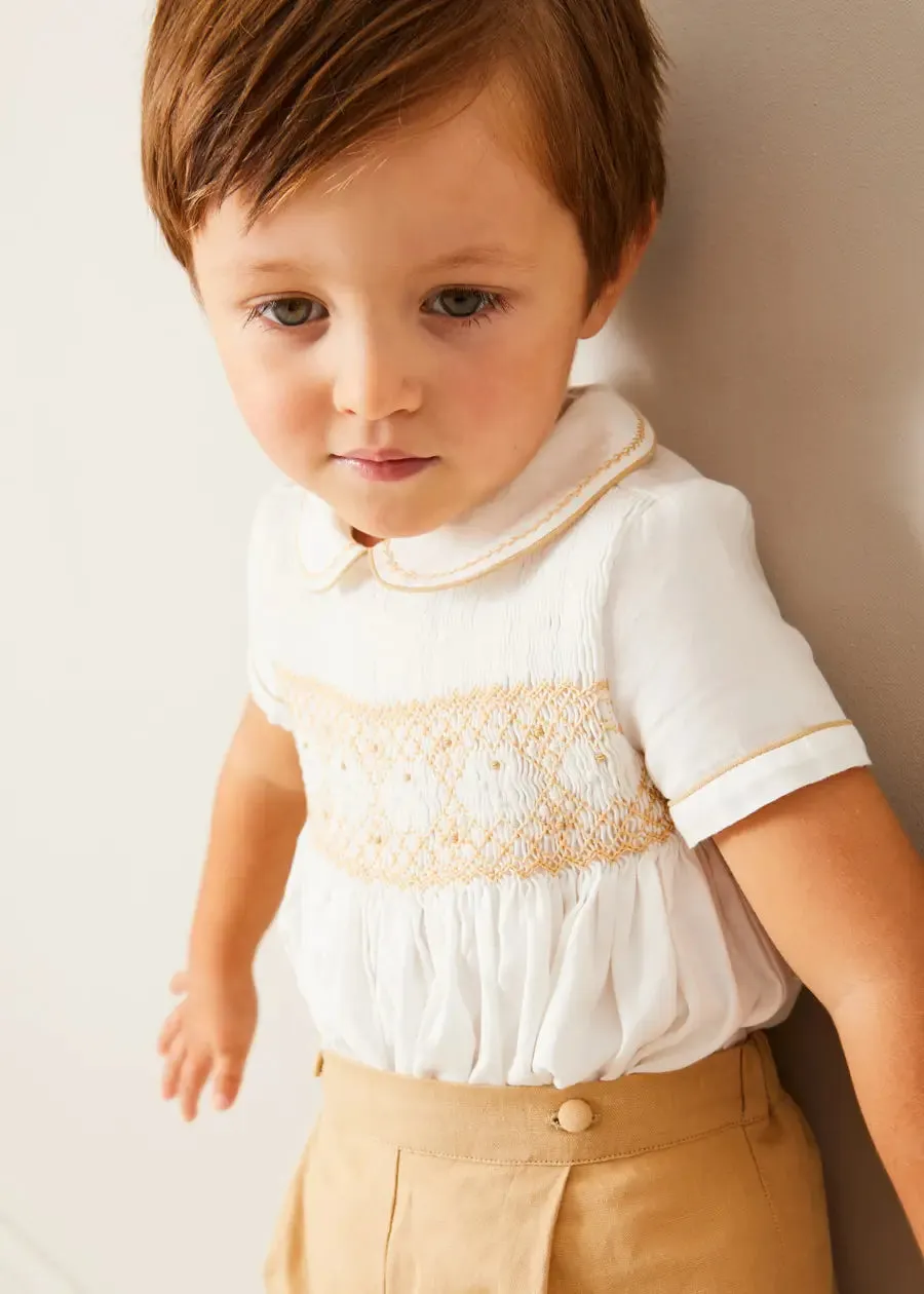 Hand Smocked Peter Pan Collar Short Sleeve Two Piece Set in Beige (18mths-6yrs)