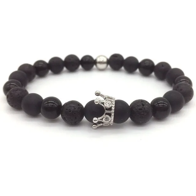 Trendy Lava Stone Pave Imperial Crown And Helmet Charm Bracelet