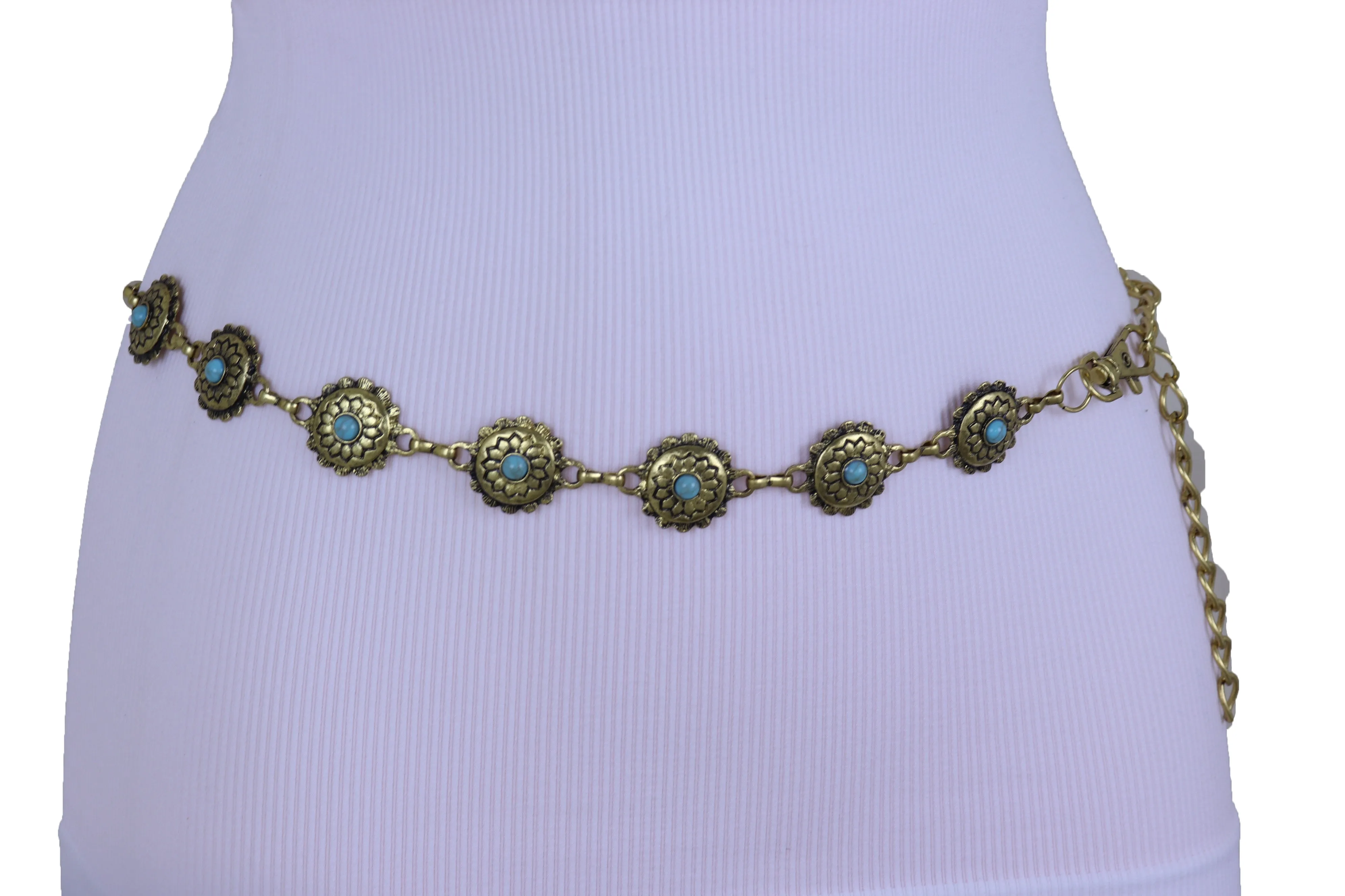 Women Western Fashion Belt Antique Gold Metal Turquoise Flower Charm Fits Sizes S M L