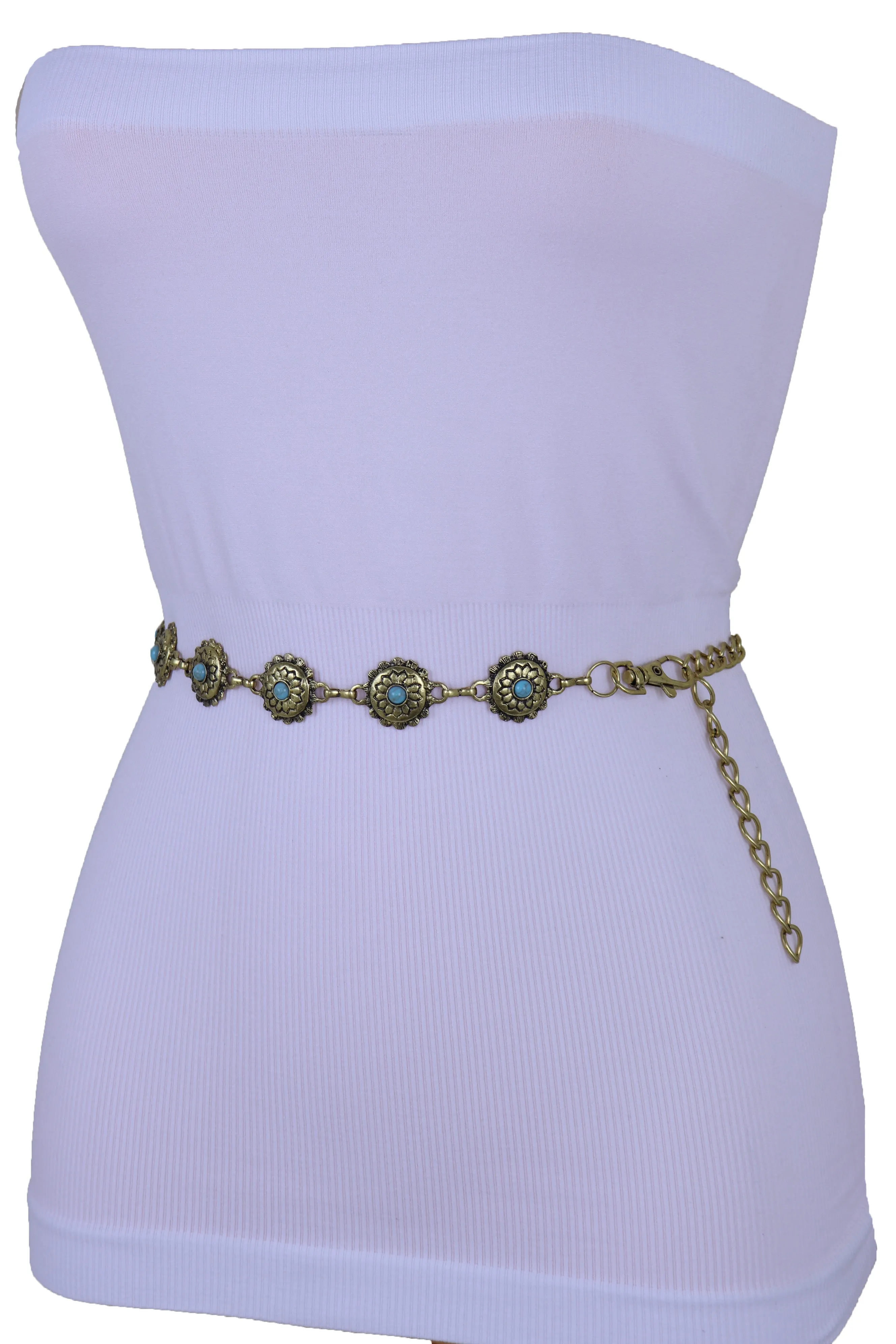 Women Western Fashion Belt Antique Gold Metal Turquoise Flower Charm Fits Sizes S M L